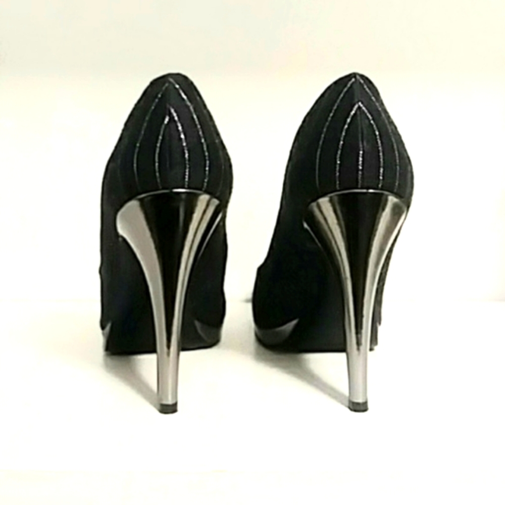 Nine West Size 9.5 Metallic Pinstripes Dark Gray Fabric Gunmetal Heel & Platform